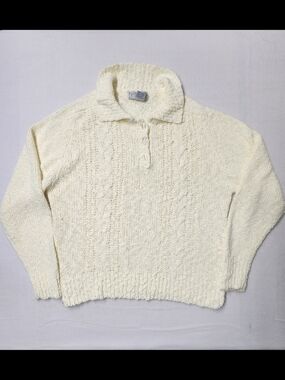 Vintage Crystal-Kobe 90s Cream Cable Knit Polo Sweater Cozy Petite Small PS